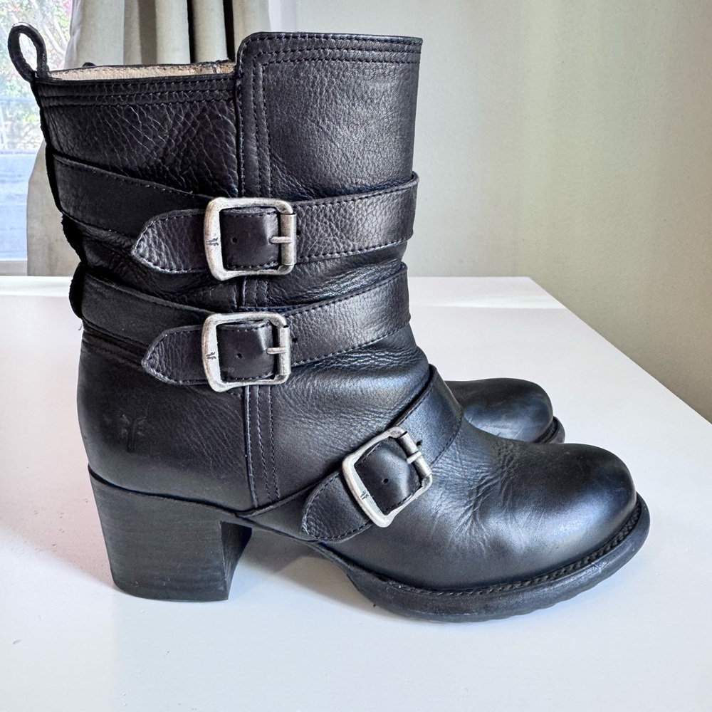 Frye Veronica Shortie Boot - Black Triple Buckle Moto Boots